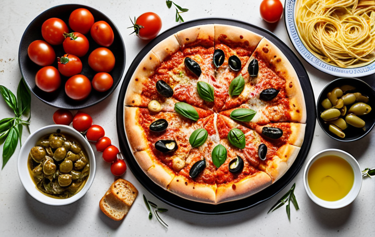 **Italian Food Spread:** A vibrant table filled with various Italian dishes beyond pizza and pasta. Include regional specialties, high-quality ingredients like ripe tomatoes, olive oil, and cheese. Capture the essence of Italian culinary diversity.