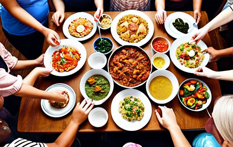 **Image:** A vibrant potluck party scene. A diverse group of people are gathered around a table laden with homemade dishes. Focus on the joyful atmosphere, showcasing the variety of food and the warm friendships being formed. The scene should evoke a sense of community and shared passion for cooking.