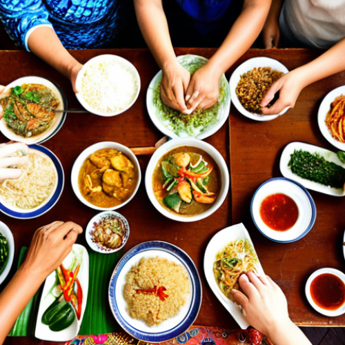 **A Global Feast of Connection:** A vibrant, warm scene depicting people of diverse ages and cultures gathered around a large table, sharing a homemade Thai meal. The focus is on their joyful interactions, shared laughter, and the palpable sense of connection. Traditional Thai dishes are beautifully arranged, subtly conveying stories and heritage (e.g., an ancestral recipe card, generational hands preparing food). The atmosphere evokes deep cultural exchange and newfound friendships through the universal language of food, embodying the idea of food as a storytelling and memory-triggering bridge.