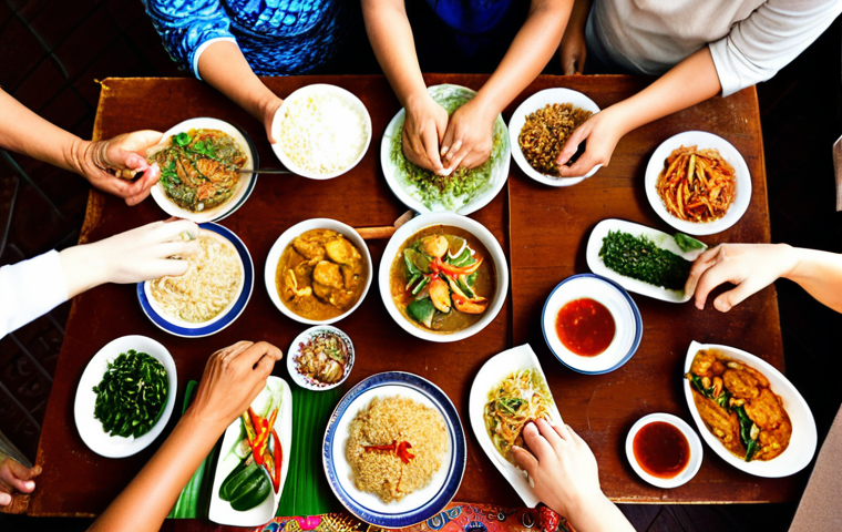 **A Global Feast of Connection:** A vibrant, warm scene depicting people of diverse ages and cultures gathered around a large table, sharing a homemade Thai meal. The focus is on their joyful interactions, shared laughter, and the palpable sense of connection. Traditional Thai dishes are beautifully arranged, subtly conveying stories and heritage (e.g., an ancestral recipe card, generational hands preparing food). The atmosphere evokes deep cultural exchange and newfound friendships through the universal language of food, embodying the idea of food as a storytelling and memory-triggering bridge.